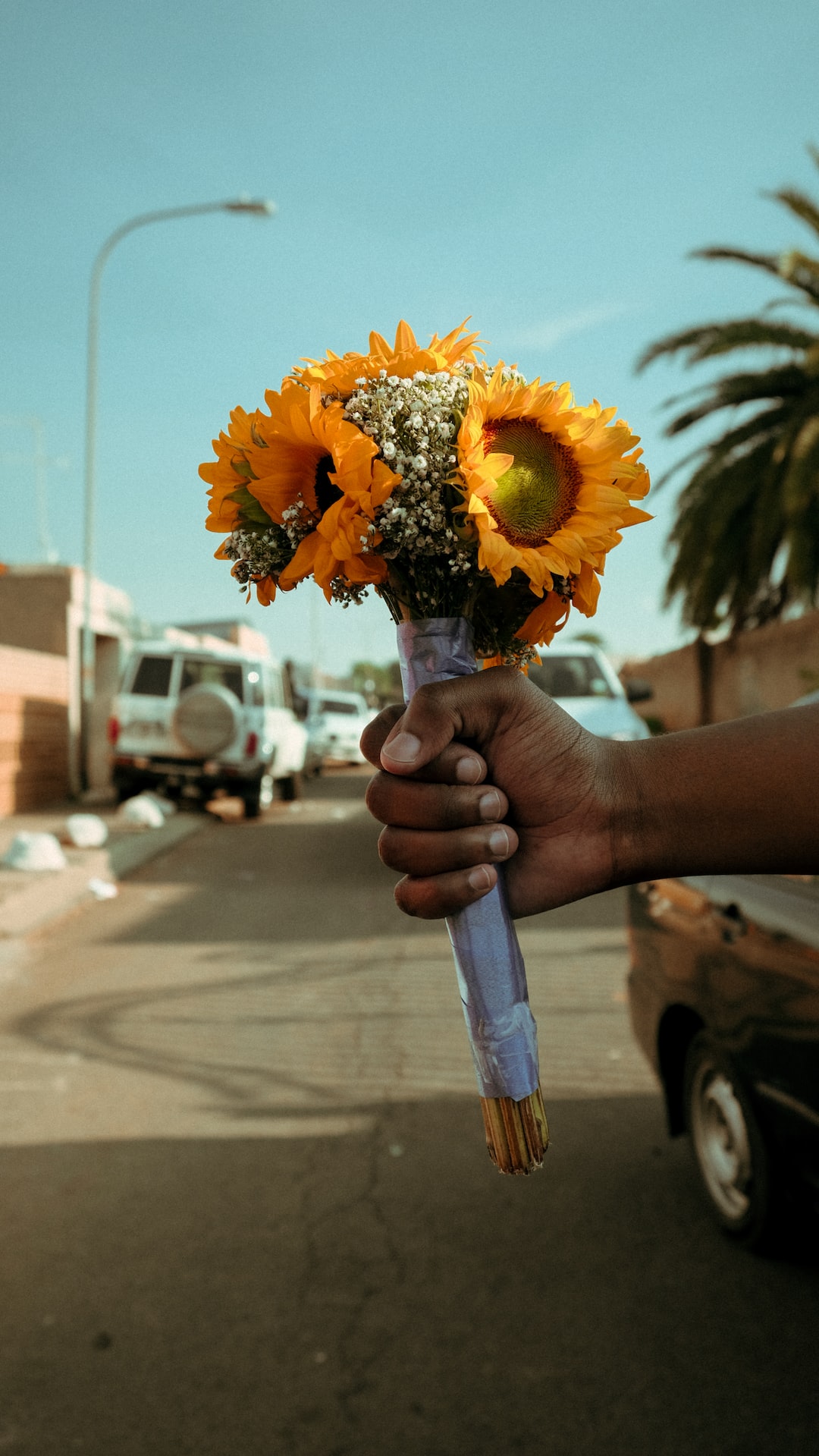 person hand holding sunflower bouquet
