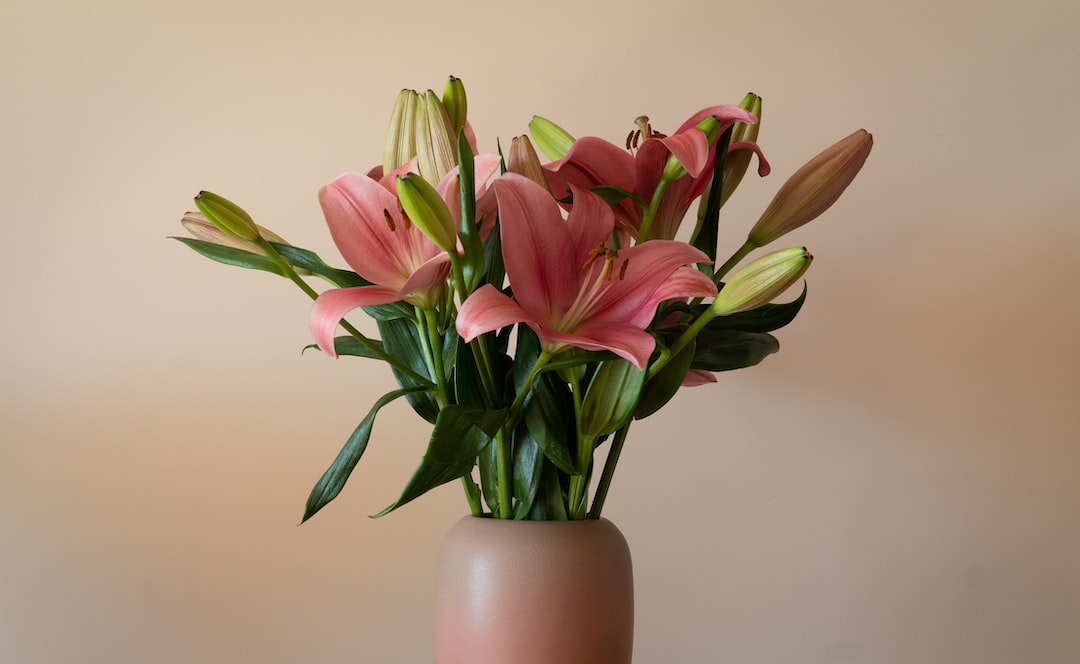 pink tulips in brown ceramic vase
